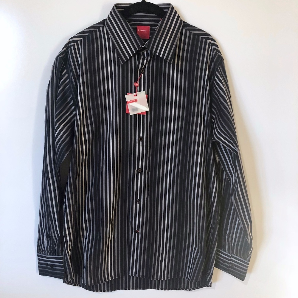 NWT Report Collection Black Stripe Shirt L - Picture 1 of 4